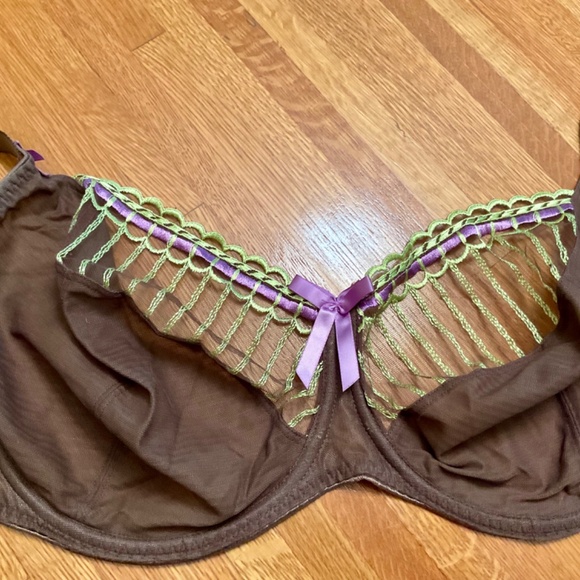 NWOT Freya Arabella 30J (UK) Brown w Apple Green & purple trim plunge Bra - Picture 7 of 9